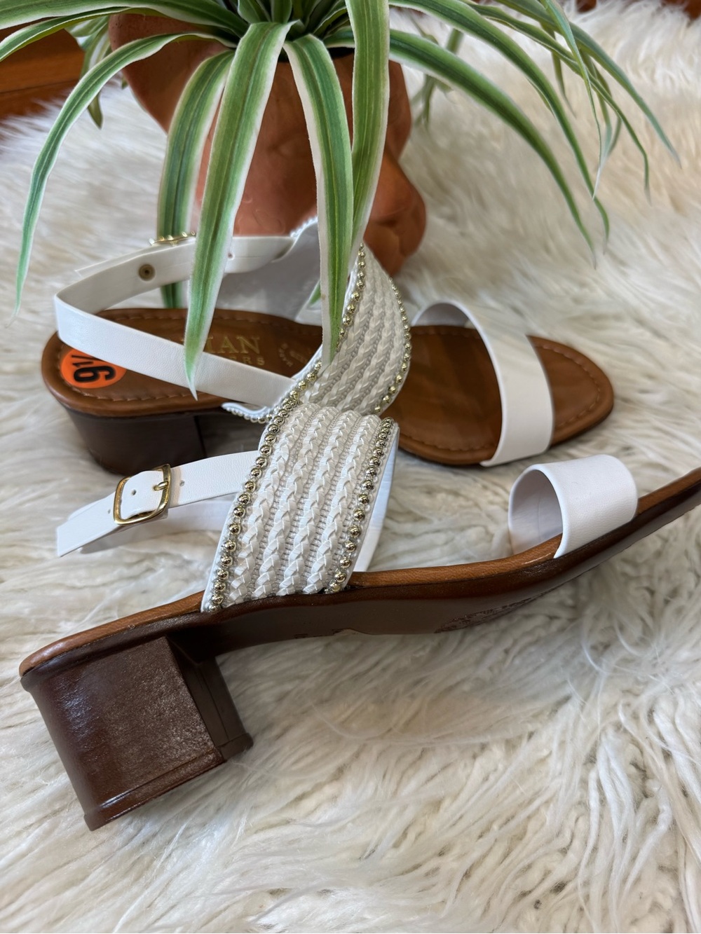 Italian Shoemakers White Braided Rhinestone Strap Block Heel Sandals